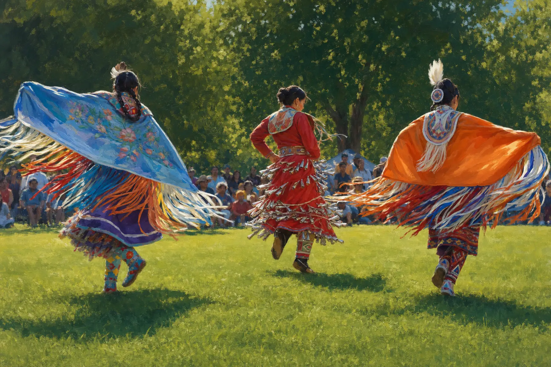 Three dancers on the grass mid-dance, seen from behind, shawls and fringe in motion.